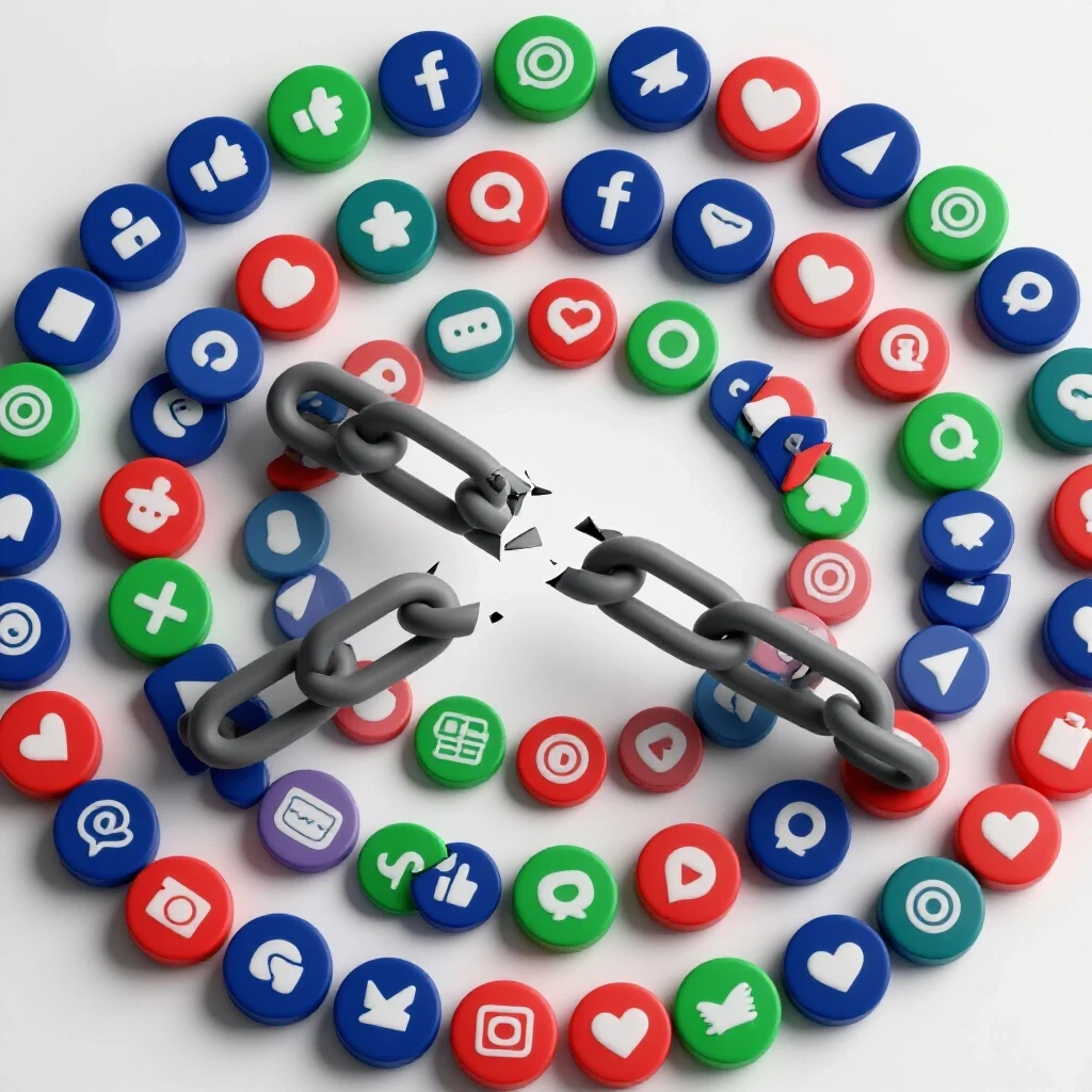 A broken chain link surrounded by vibrant social media icons symbolizing content sharing disconnect.