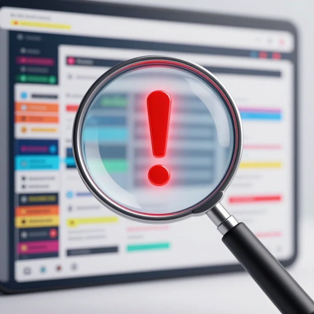 A magnifying glass on a blurred social media dashboard focusing on a glowing red exclamation mark.