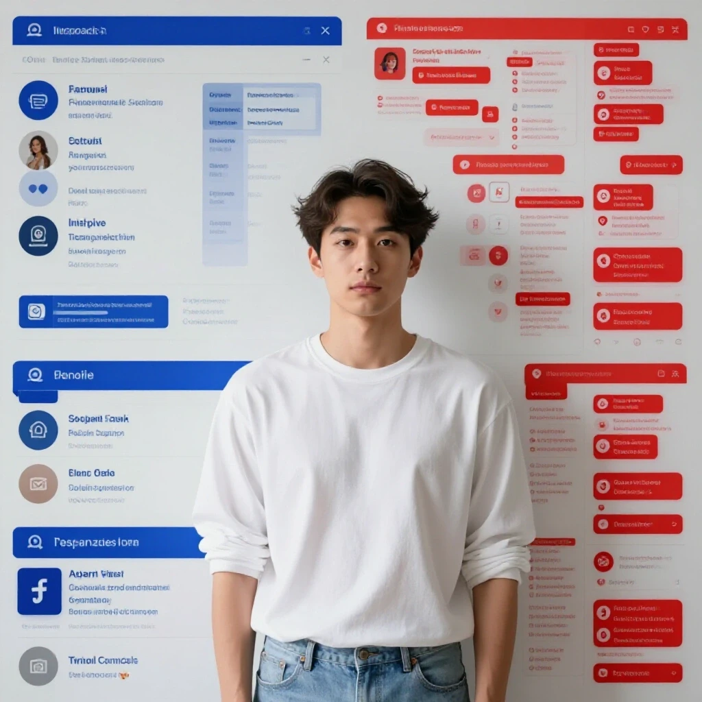 A split-image showing contrasting social media feeds: one serene and organized, the other chaotic and overwhelmed, in vivid colors.