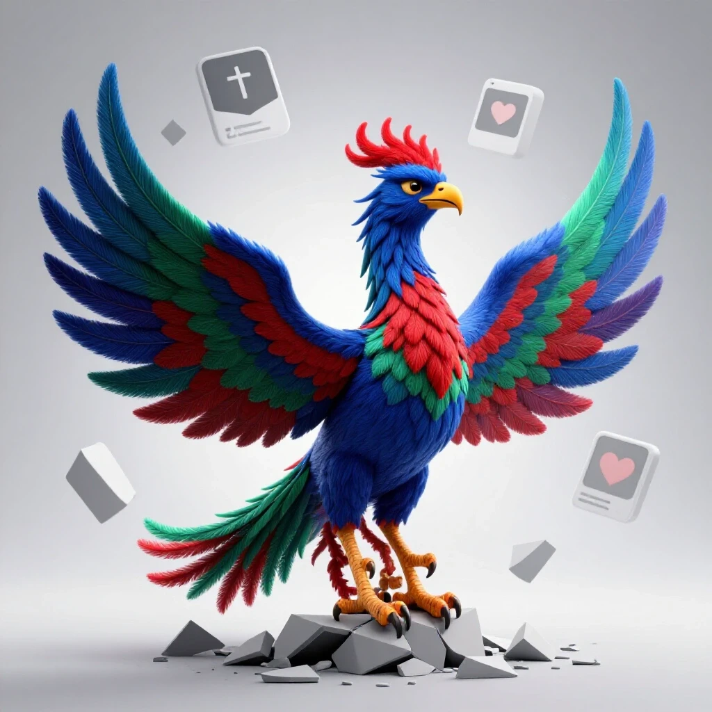 A vibrant phoenix symbolizes resilience, soaring above a fragmented social media landscape, denoting recovery.