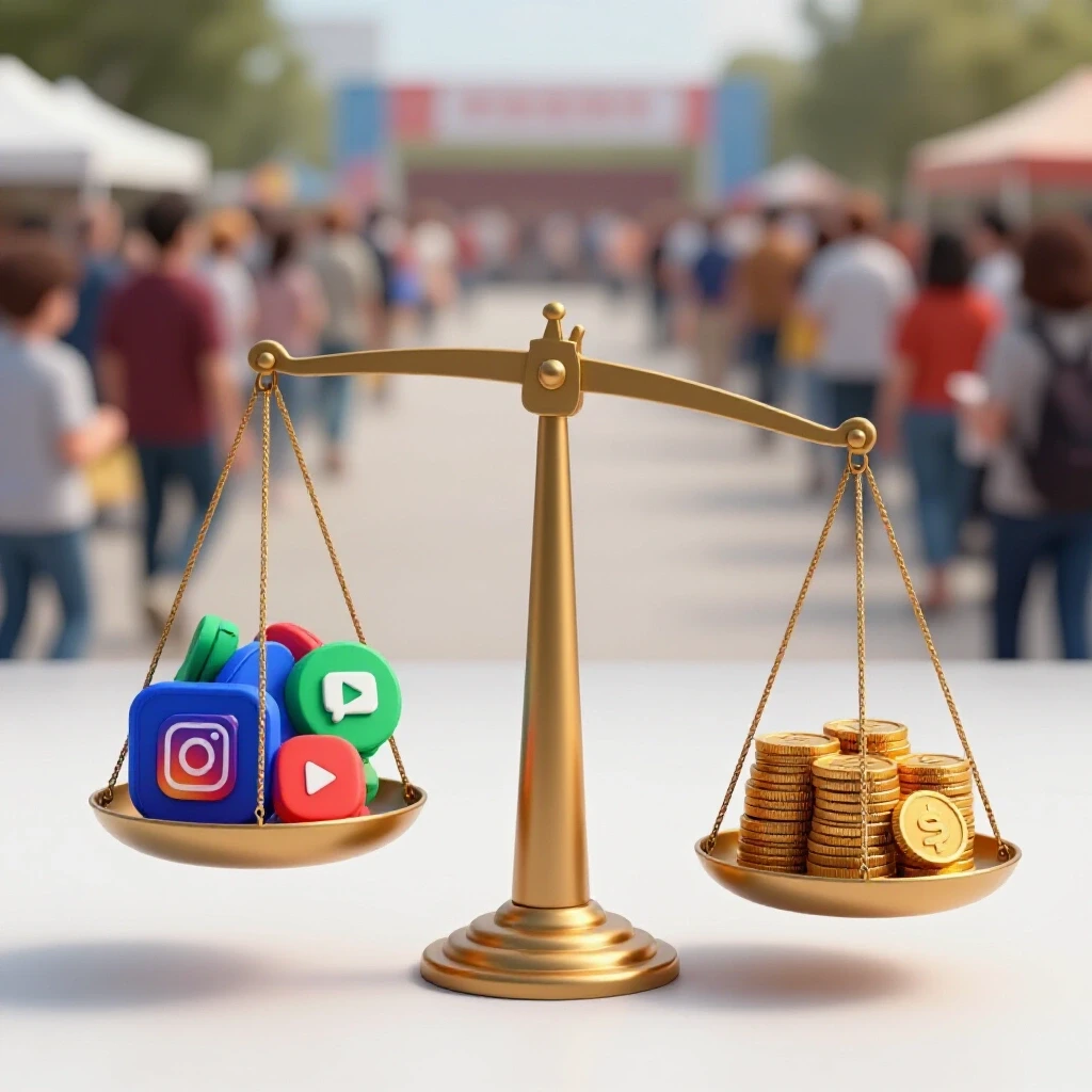 A scale weighing vibrant social media icons against a stack of shiny donation coins, with a blurred community event in the background.