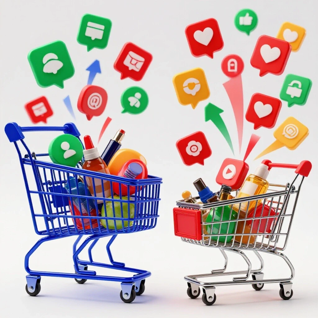 A vibrant shopping cart overflowing with products next to colorful social media icons, interconnected with dynamic arrows.