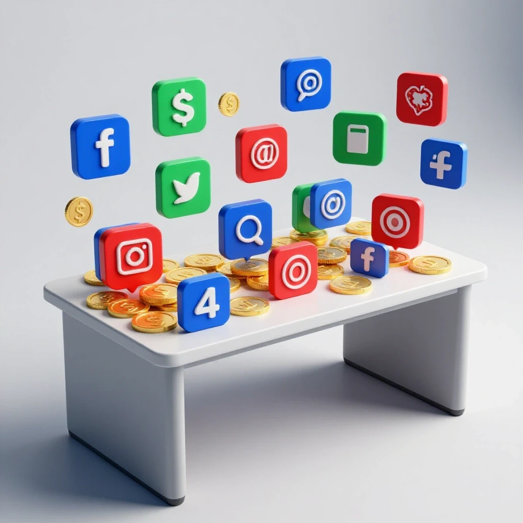 A vibrant 3D image of social media icons turning into gold coins on a desk, symbolizing value creation.