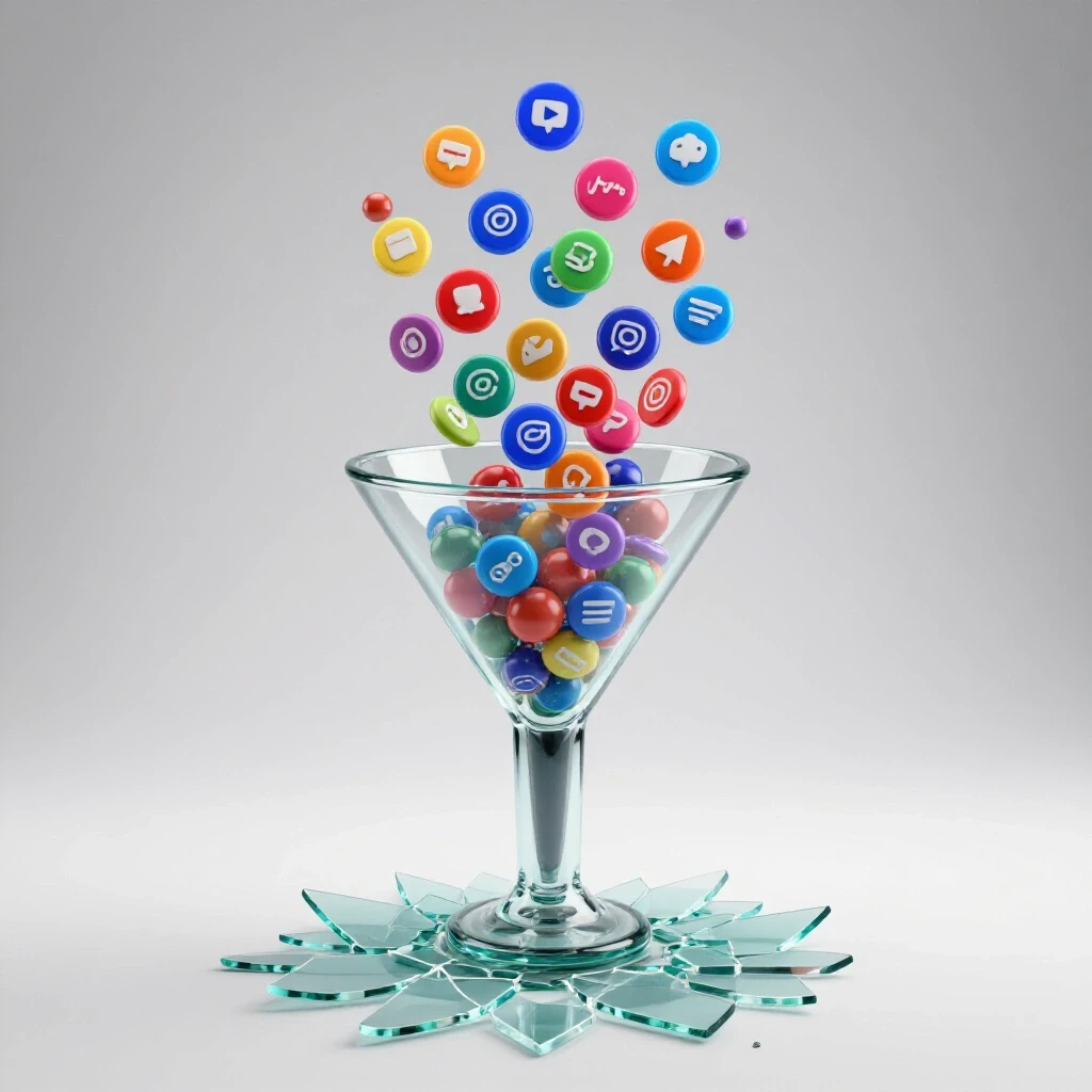 Visual representation of a shattered glass funnel with vibrant social media icons flowing through it, symbolizing transformation from failure to success.
