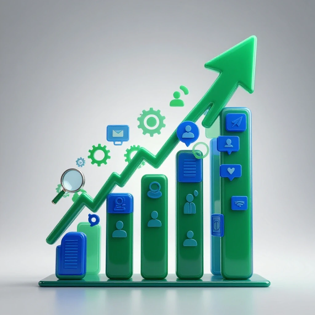 A dynamic 3D representation of an upward graph intertwined with colorful social media icons on a bright background, symbolizing growth and analytics.