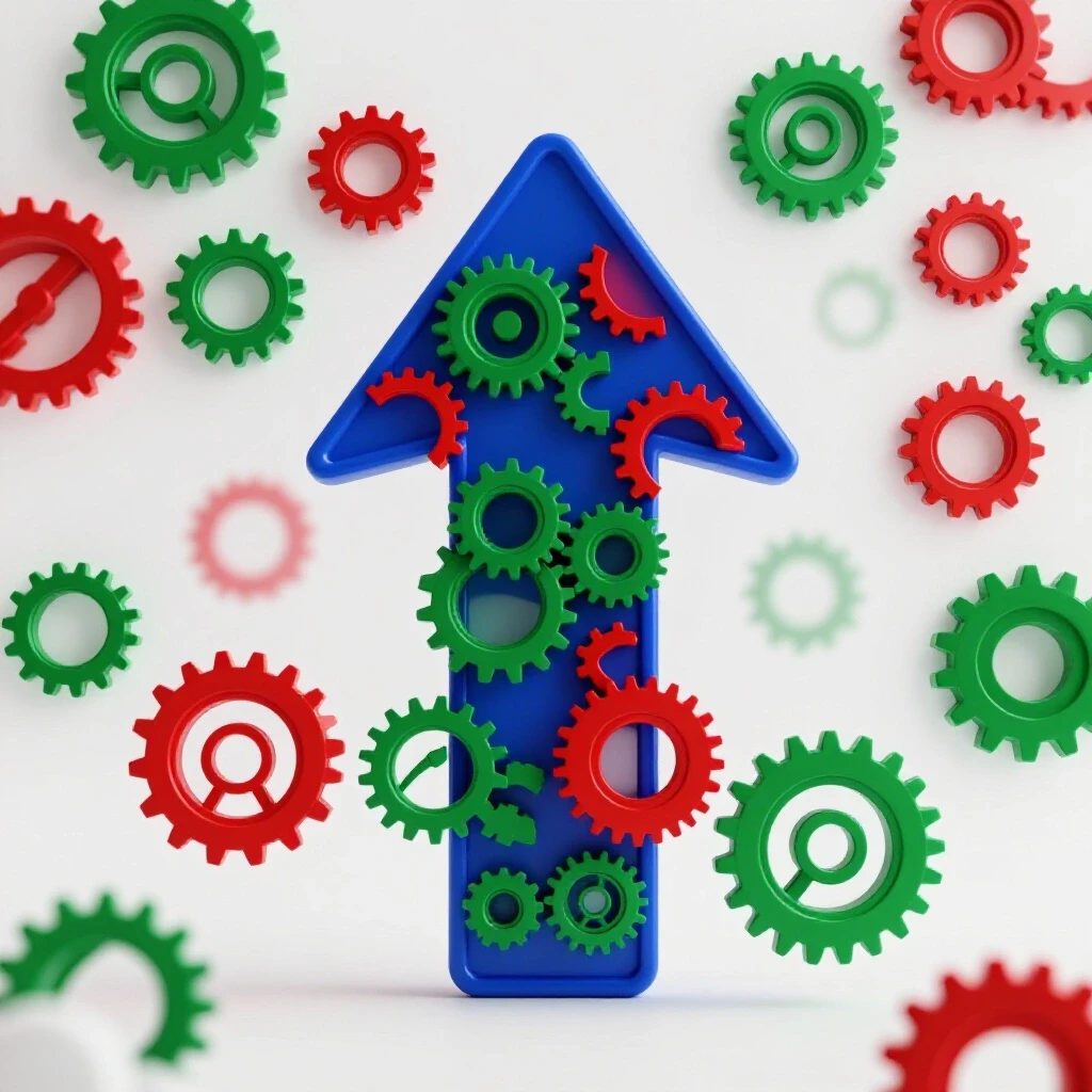 3D-rendered upward arrow intertwined with social media icons as gears, symbolizing growth in operations.