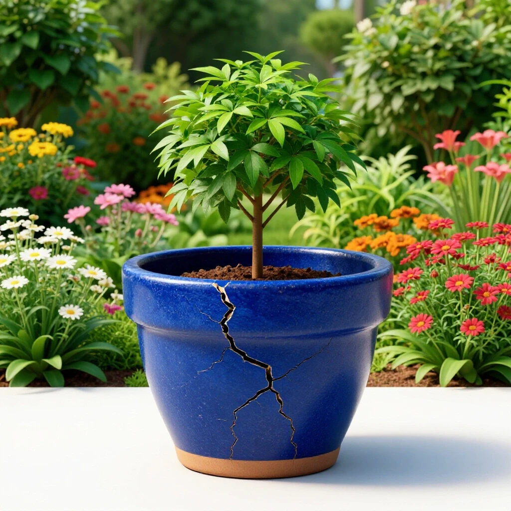 A cracked oversized plant pot with a small struggling plant, set against a vibrant flourishing garden background.