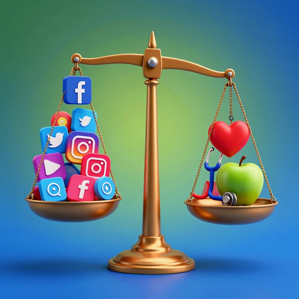 A balanced scale with social media icons on one side and health symbols on the other, against a vibrant split background.