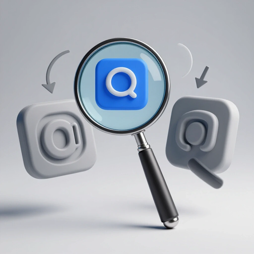 A magnifying glass hovers over two contrasting social media logos, illustrating service lead analysis.