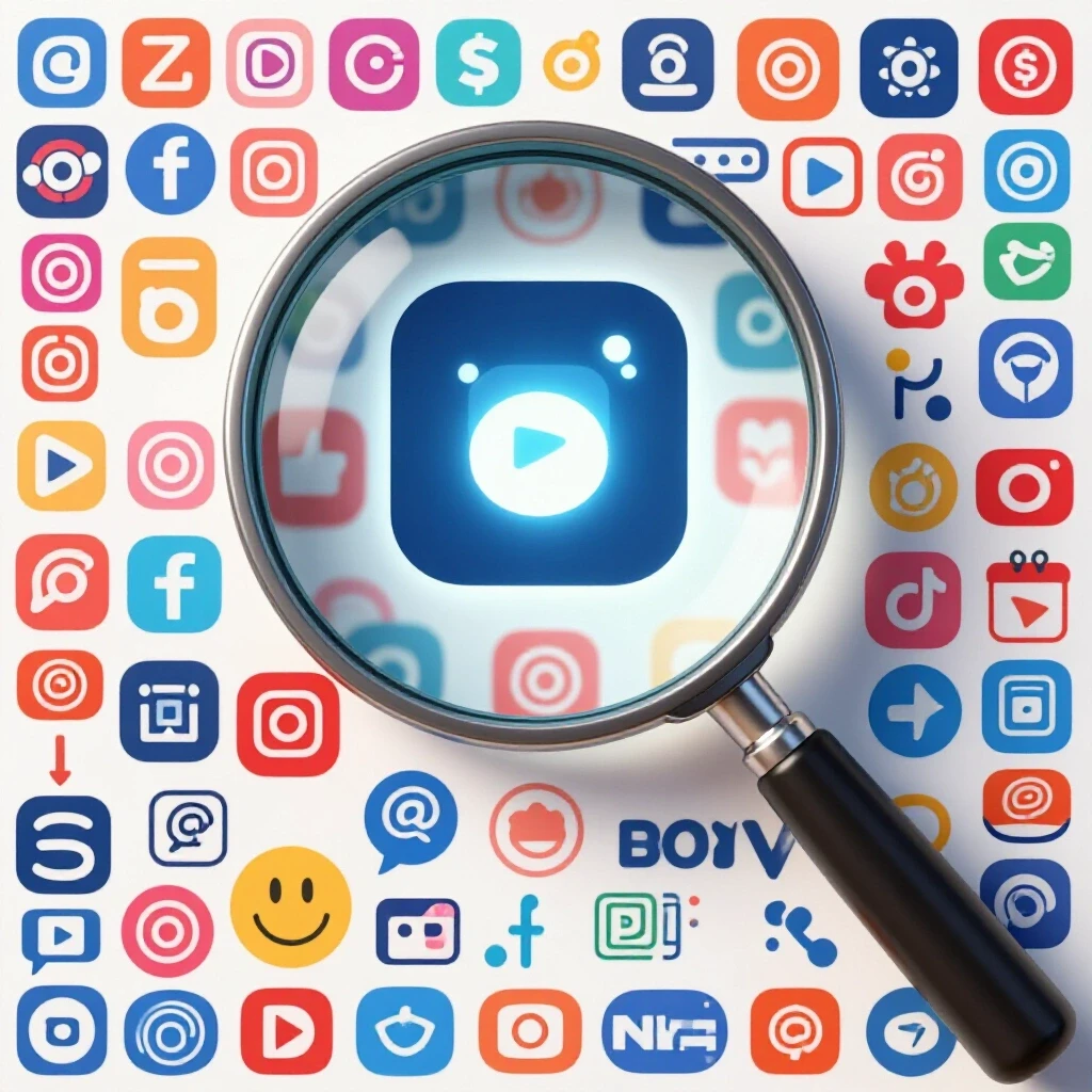 A magnifying glass focuses on a colorful collage of social media logos, highlighting one for real estate lead generation.