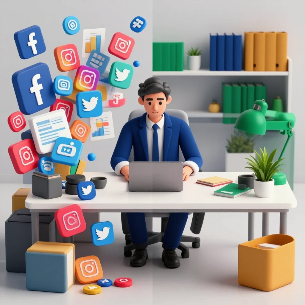 A contrasting workspace image showing chaos on one side and organized marketing on the other, symbolizing business clarity.