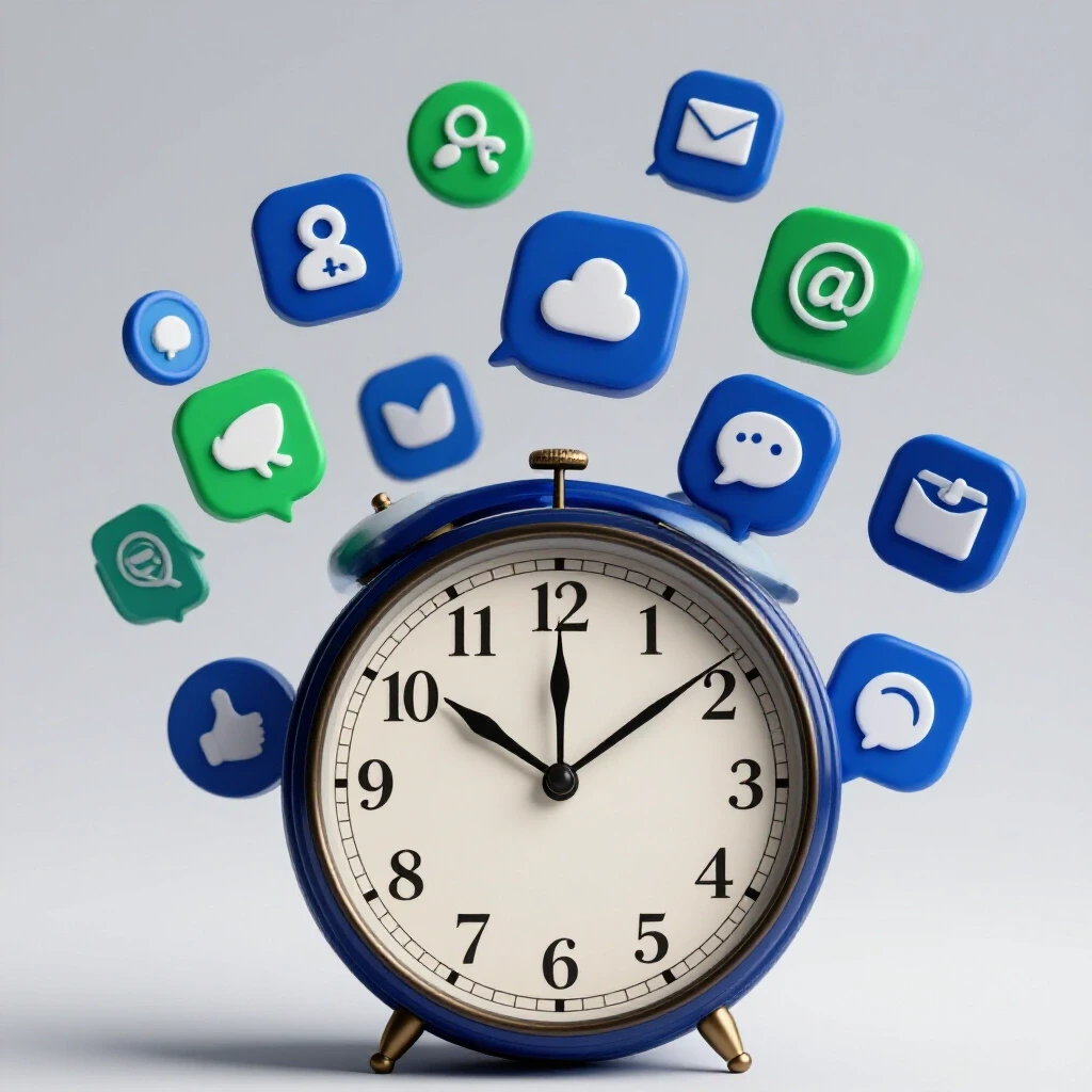 A vintage clock with modern social media icons orbiting around it, symbolizing marketing evolution and time.