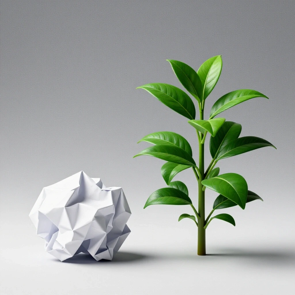 A crumpled piece of paper and a flourishing green plant, symbolizing the contrast between mistakes and growth.