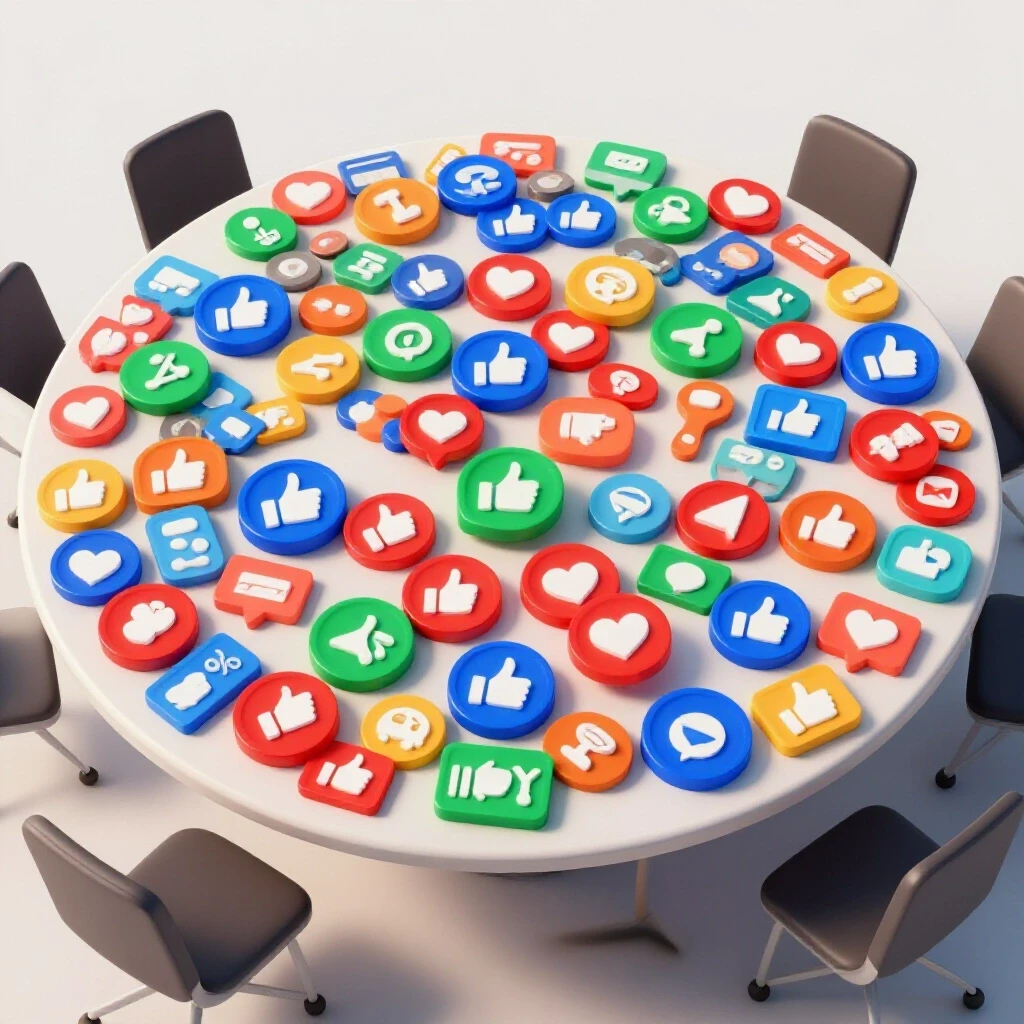 Colorful negotiation table filled with social media icons, representing strategies to boost marketing income.