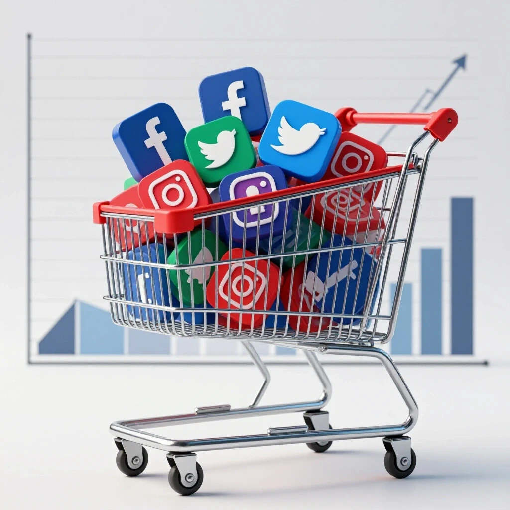 A shopping cart filled with vibrant social media icons contrasted against dull graphs, symbolizing social media offer testing.