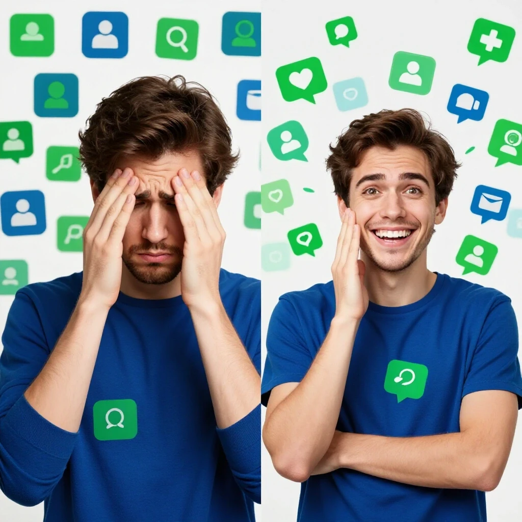 A split image illustrating social media recovery; disappointed on the left, vibrant engagement on the right.