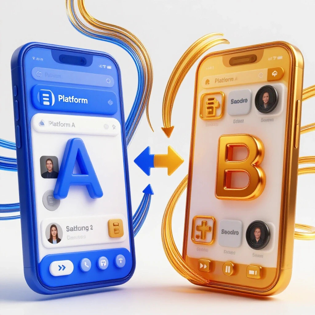 A split-screen visual contrasting two social media platforms' unique user experiences with dynamic arrows symbolizing content performance flow.