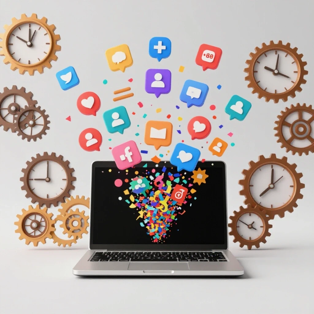 A visually striking composition of an open laptop surrounded by colorful social media icons, gears, and clocks, representing social media planning.