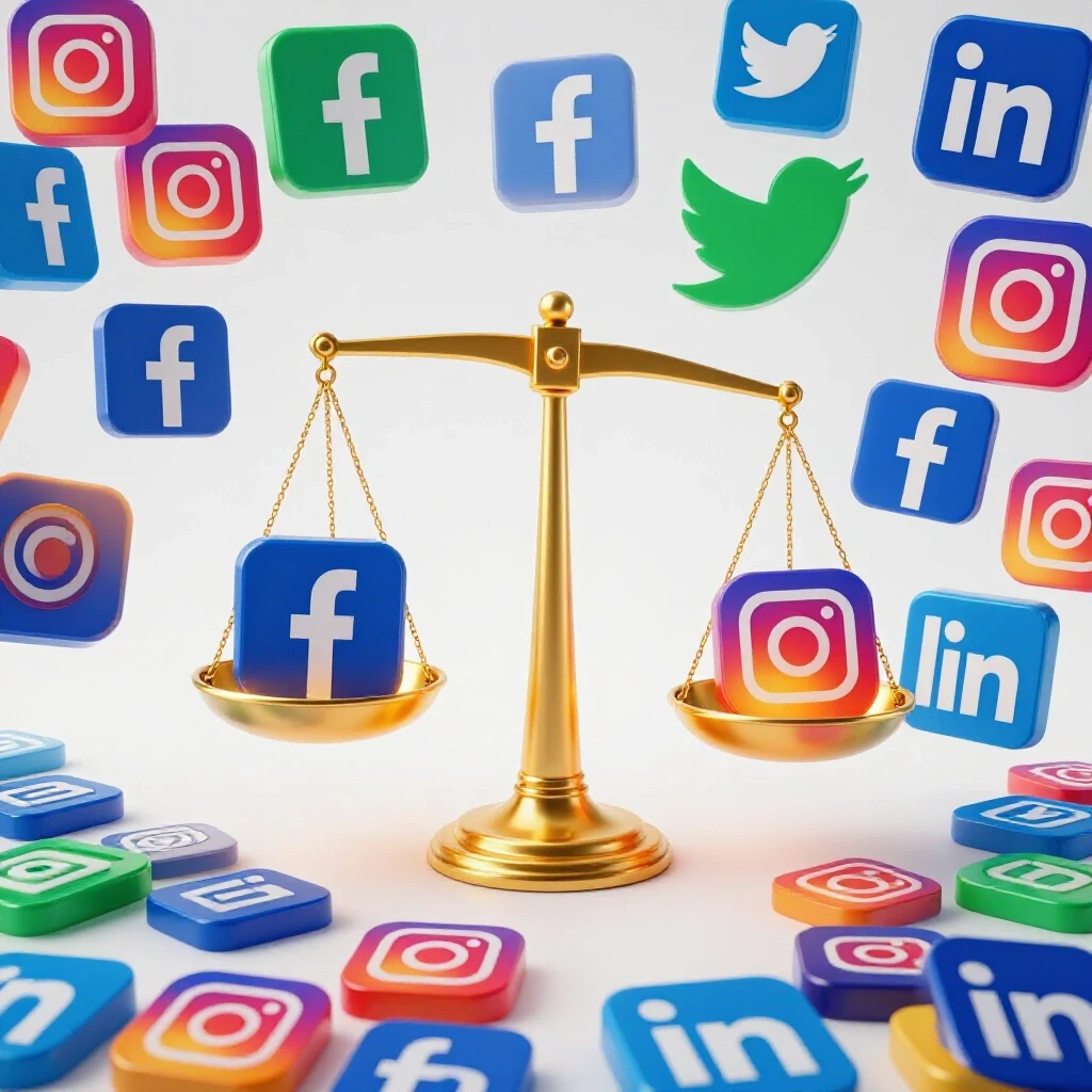 A vibrant scale balances various social media logos, with one logo glowing, set against a bright studio background.