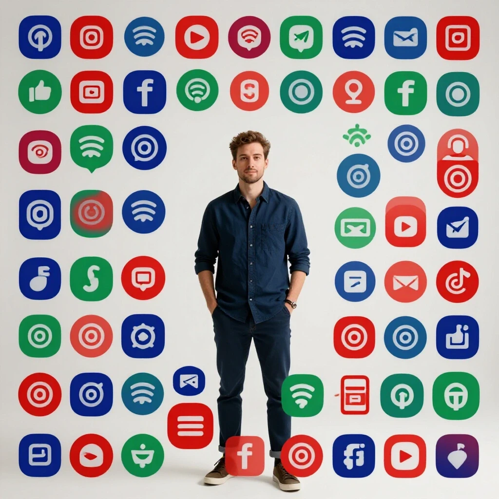 A split-screen image showcasing a founder figure with vibrant social media icons, illustrating social media choices for solo founders.