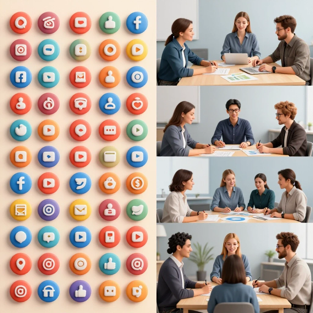 A vibrant split-screen image comparing social media icons with team collaboration dynamics.