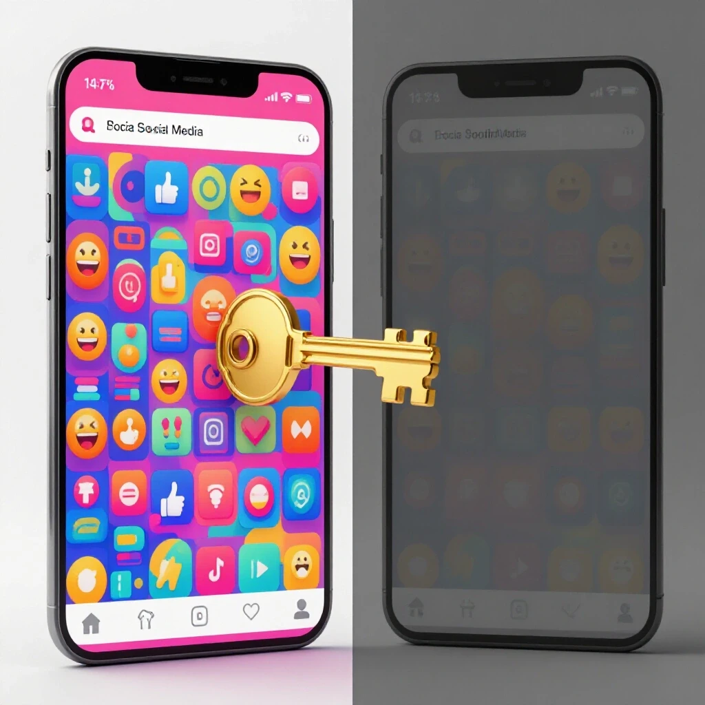 A split-screen image contrasting a vibrant social media interface with a dull one, featuring a golden key unlocking excitement.