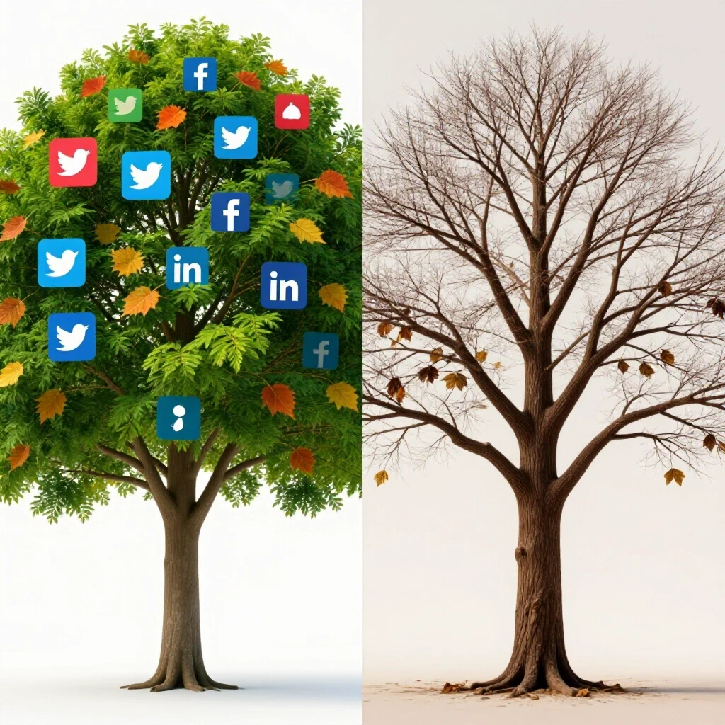 A split image of a healthy, colorful tree representing growth and a barren tree symbolizing stagnation, illustrating social media impact on SaaS.