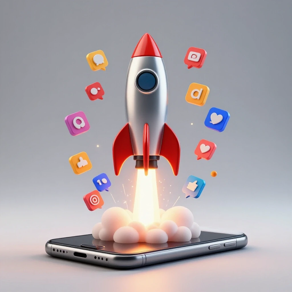 A rocket ship launching from a smartphone surrounded by colorful social media icons symbolizing rapid growth.