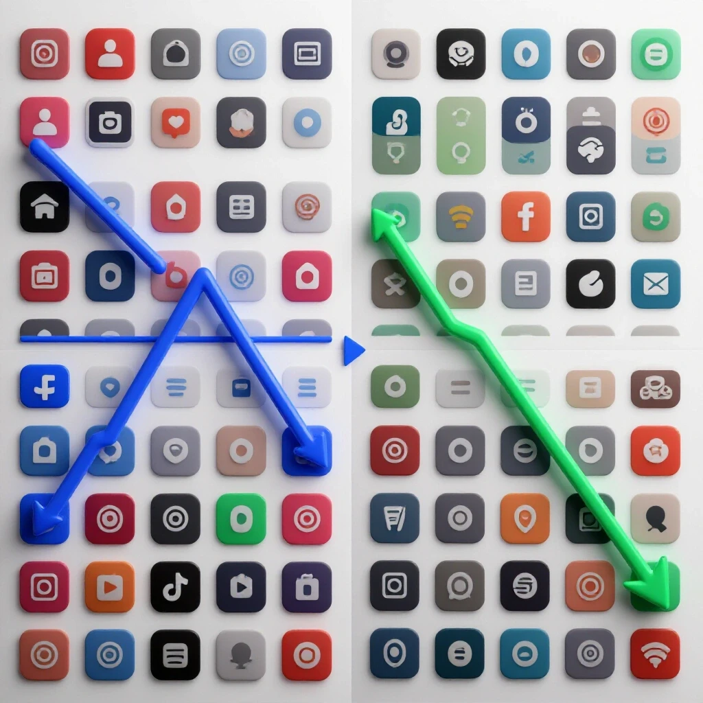 A vibrant split-screen graphic showing contrasting performance graphs for two social media platforms, highlighting their differences.
