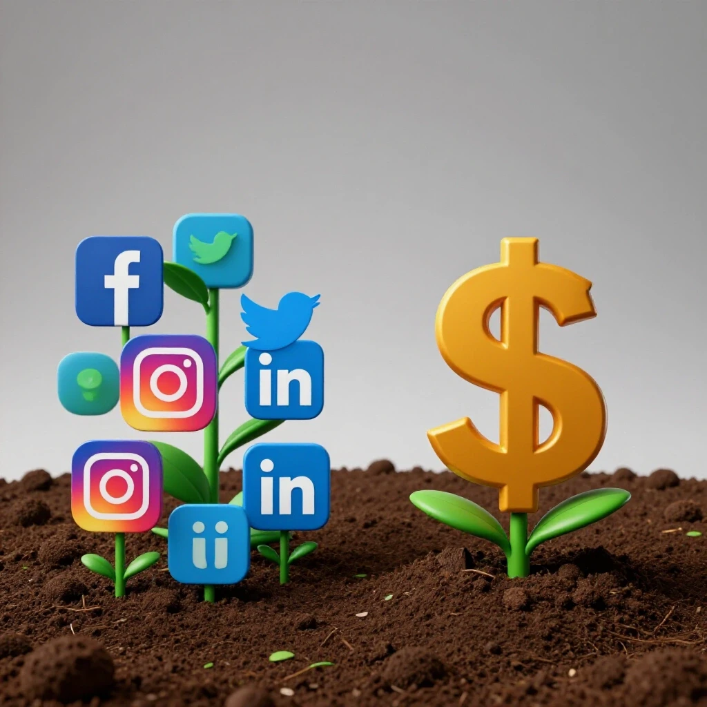 A split scene with social media logos growing like plants on one side and a dollar sign sprouting from the ground on the other, symbolizing ROI.