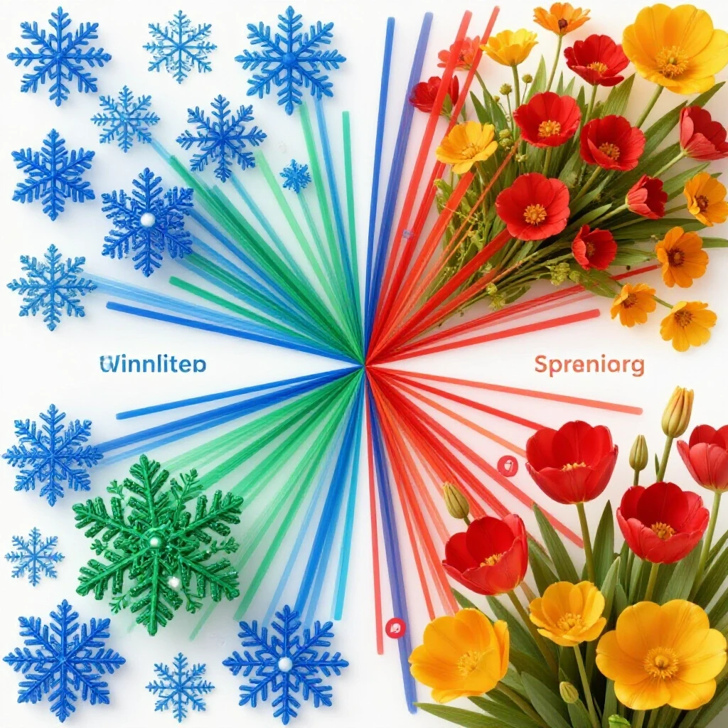 A split-screen image depicting snowflakes and flowers, symbolizing winter and spring seasonal marketing strategies.