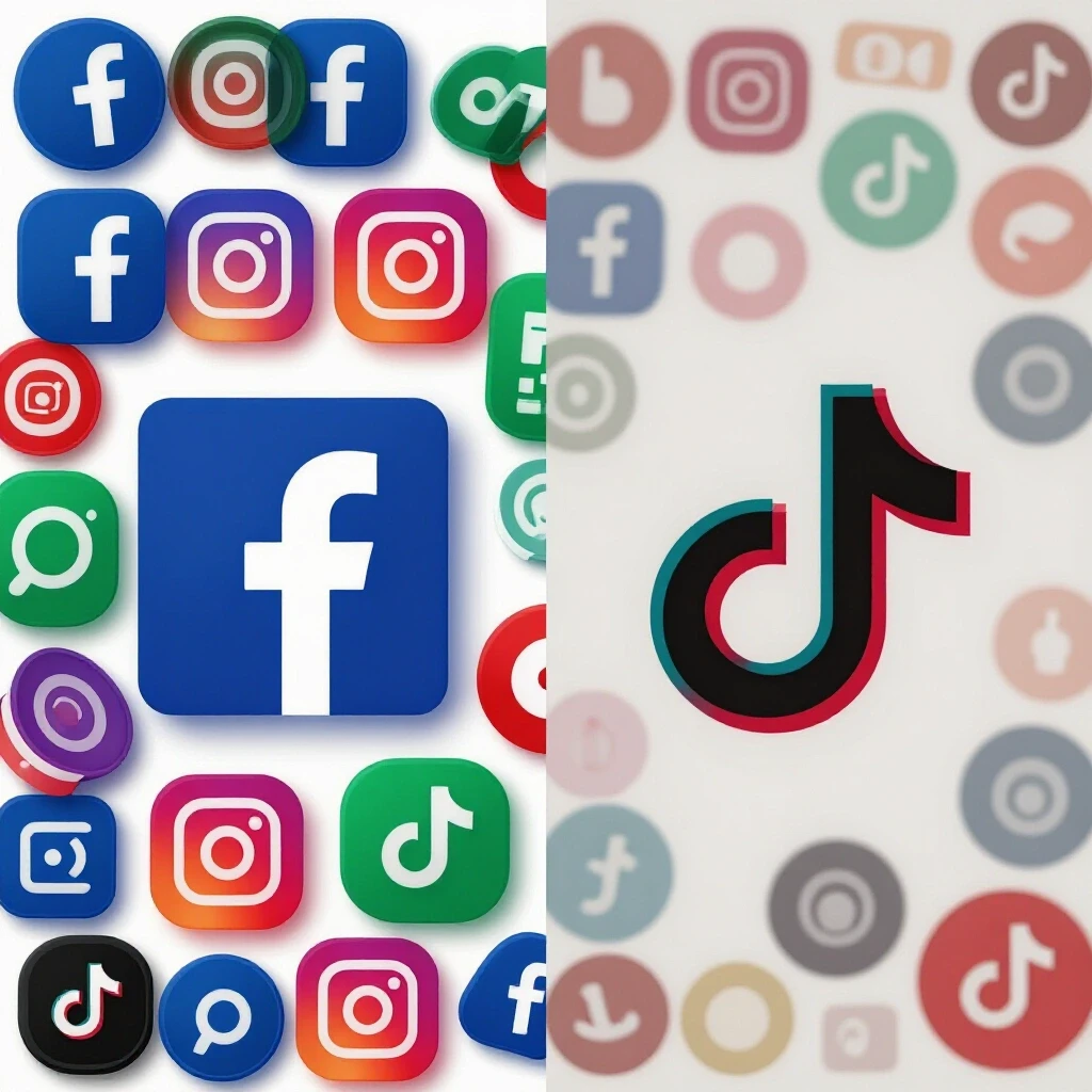A split-screen image showing a thriving brand logo with vibrant social media icons versus a struggling logo with faded icons, representing small brand success.