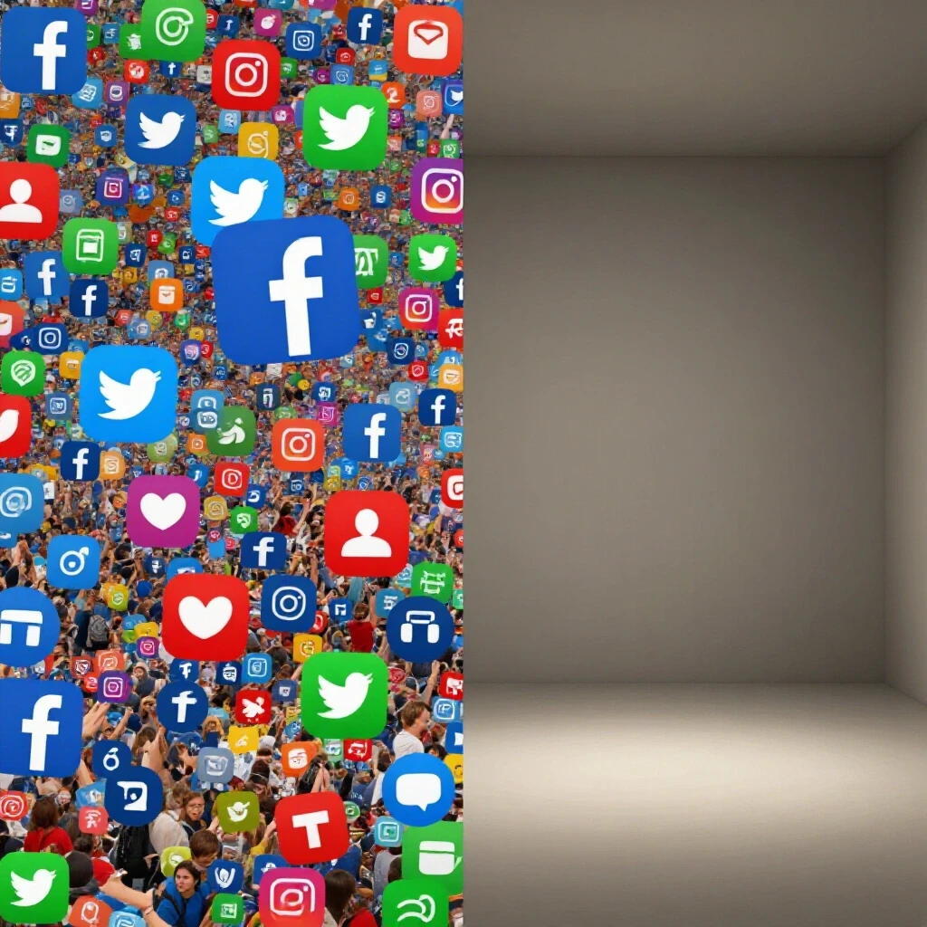 A split-screen image contrasting a vibrant social media landscape with icons on one side and a minimalist space for low-budget marketing on the other.