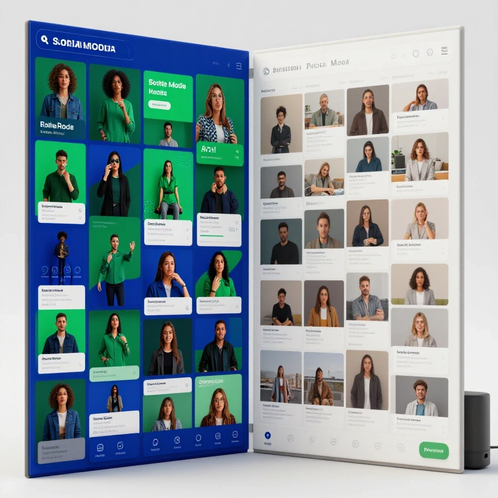 A split image showing a vibrant social media portfolio on one side and a muted, ineffective portfolio on the other, emphasizing contrasts.
