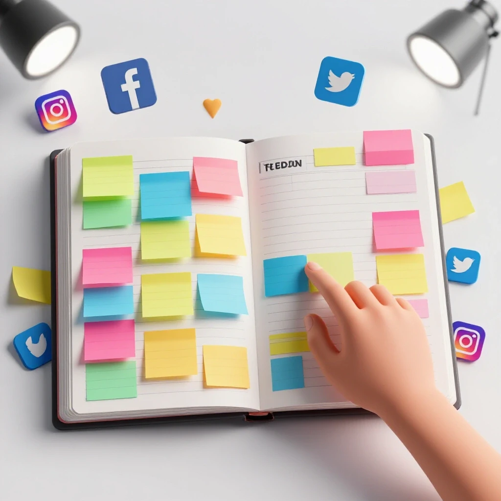 A colorful planner with sticky notes and social media icons arranged artistically, symbolizing organization in social media planning.