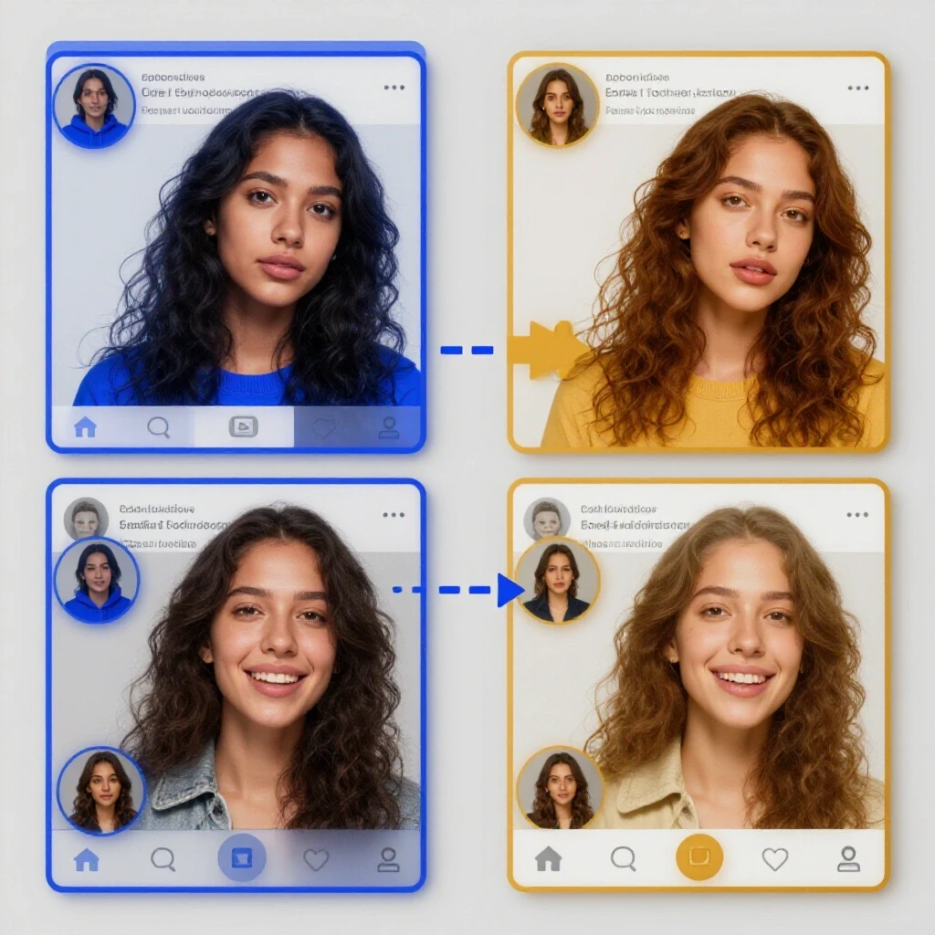 Dynamic split-screen image illustrating social media post versioning process with colorful elements and animated arrows.