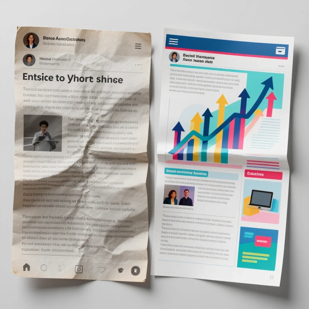 A contrasting visual of a discarded social media post and a vibrant, successful post with analytics graphs.