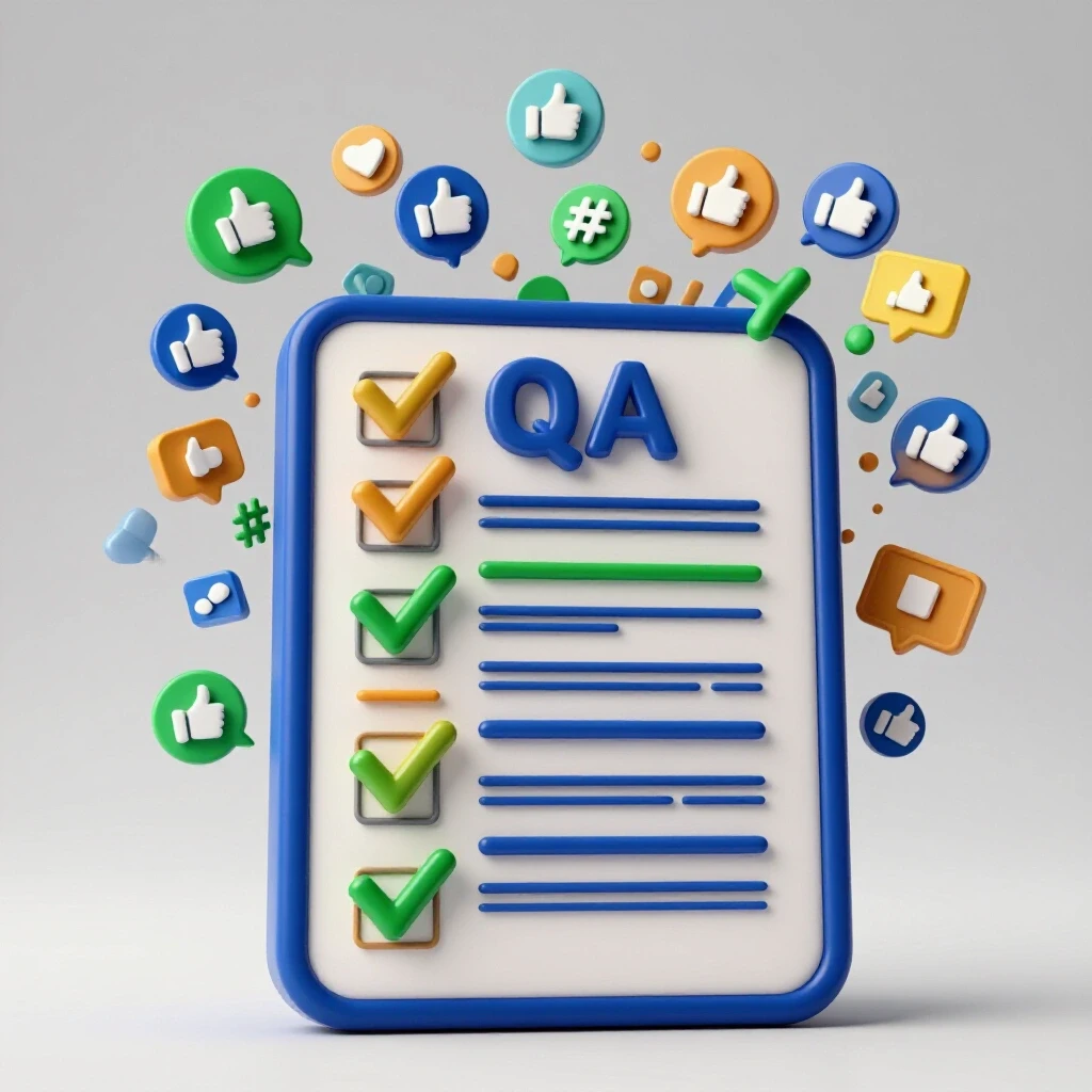 A vibrant social media QA checklist with colorful oversized checkmarks and dynamic social media icons surrounding it on a bright background.