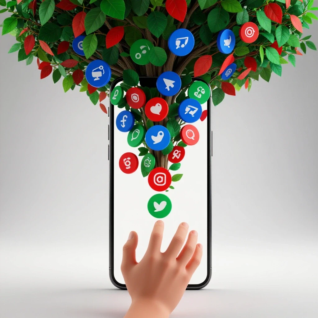 A smartphone with social media icons cascading downwards, and a hand reaching to catch them in a bright studio setting.
