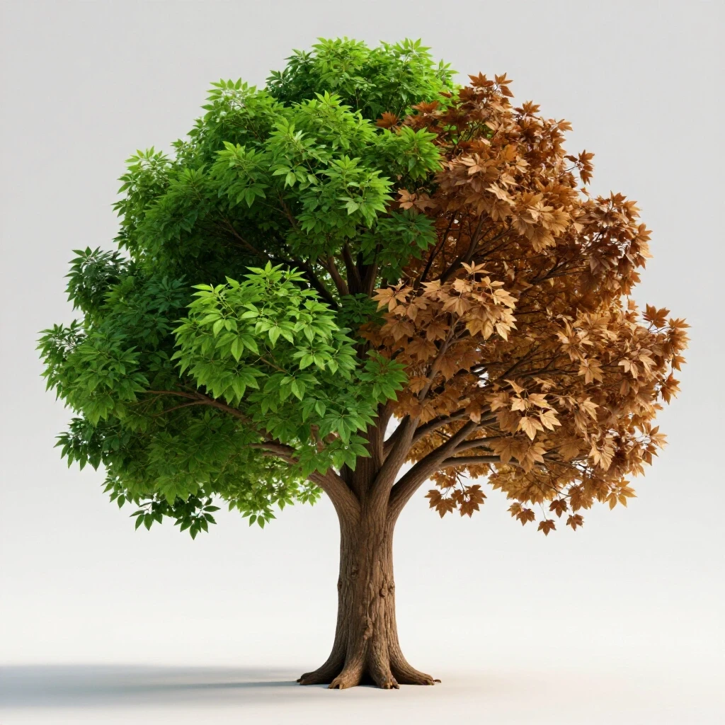 A vibrant tree with healthy leaves on one side and wilting leaves on the other, symbolizing social media reach recovery.
