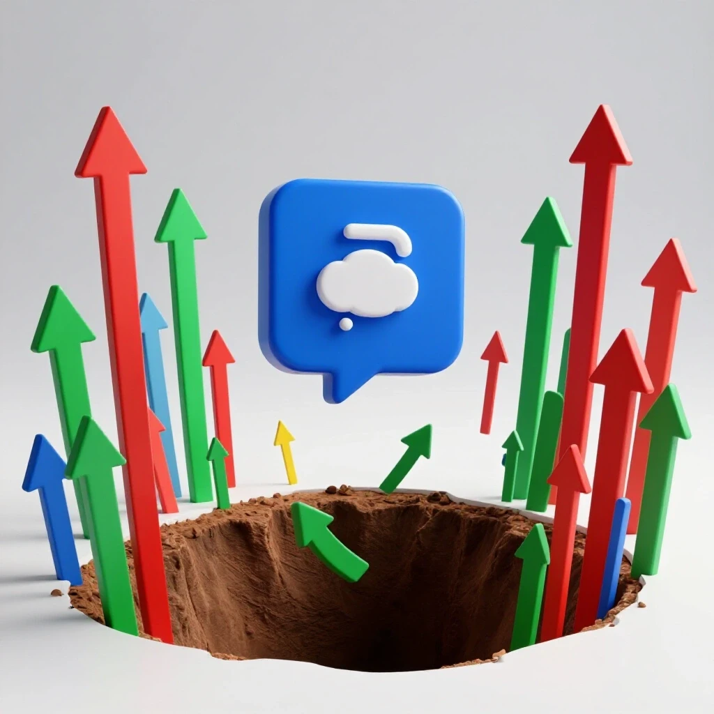 Visualization of a social media icon in a deep pit surrounded by vibrant arrows, symbolizing recovery and growth.