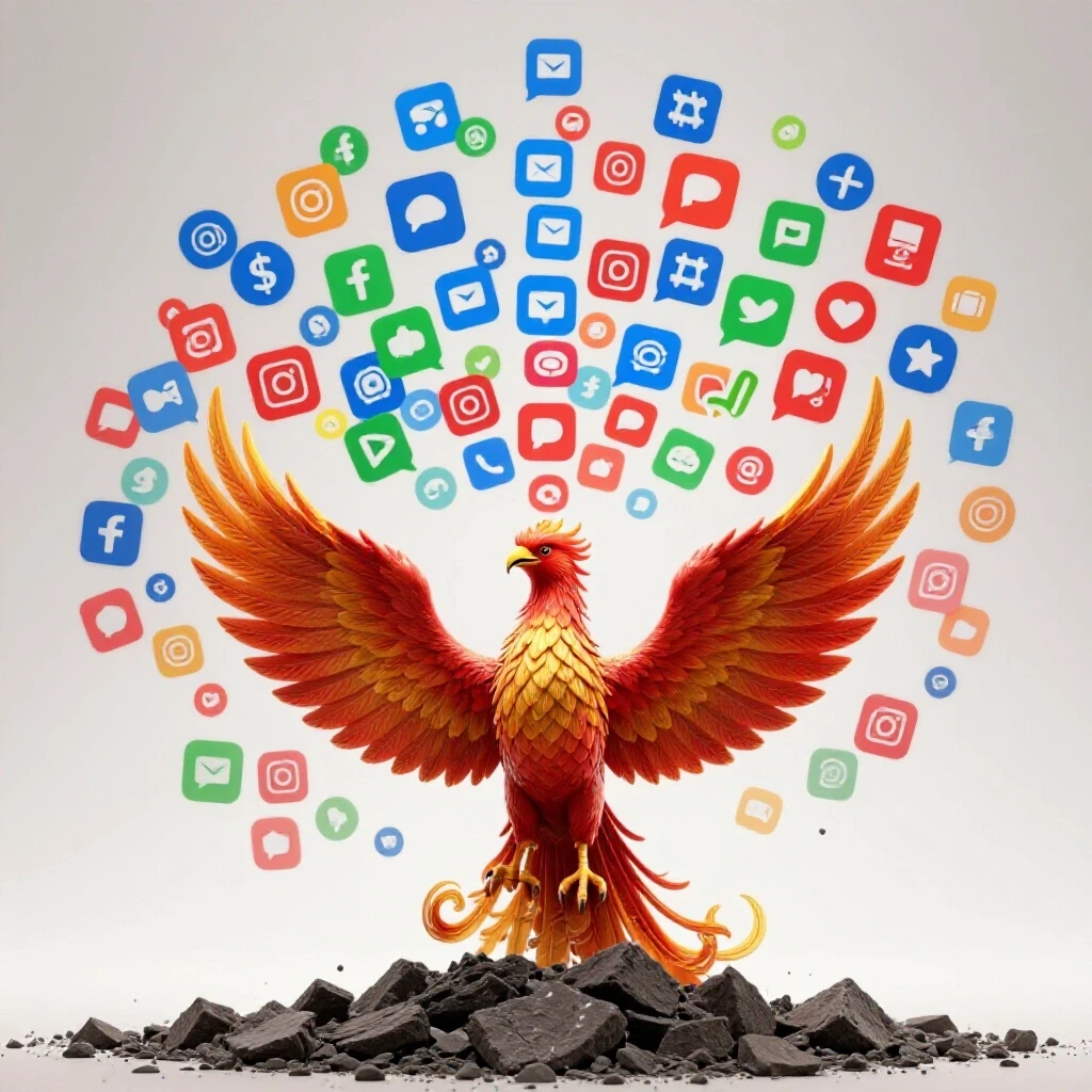 A phoenix rising from ashes, surrounded by vibrant social media icons transitioning into an upward graph on a clean background.