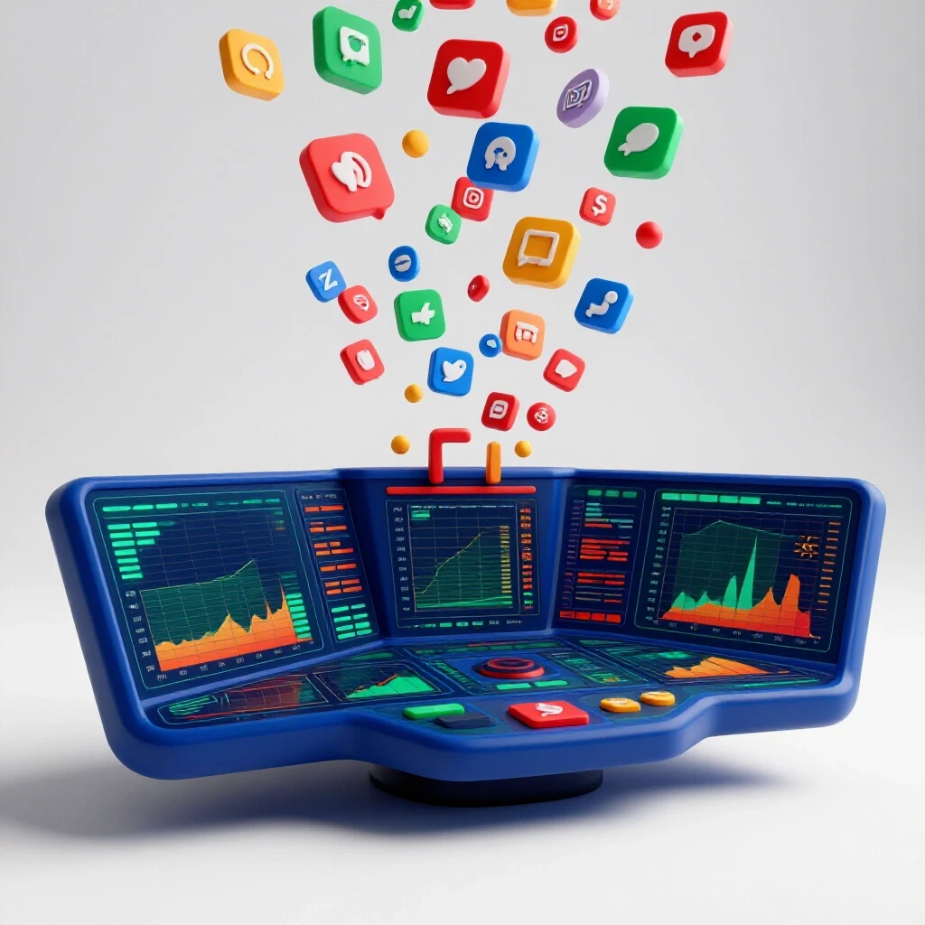 A vibrant 3D social media reporting dashboard filled with colorful graphs and metrics amidst cascading social media icons.