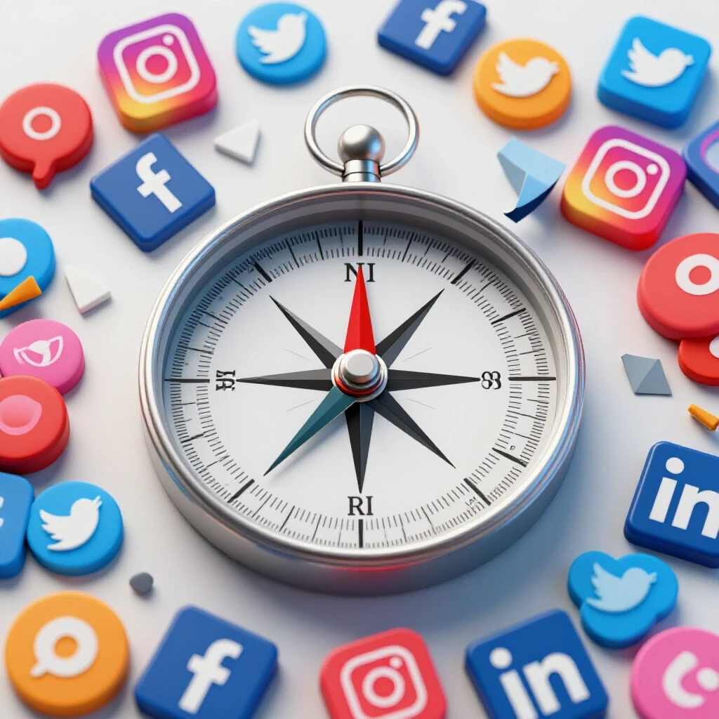 A broken compass surrounded by colorful social media icons, symbolizing misdirection in ROI.