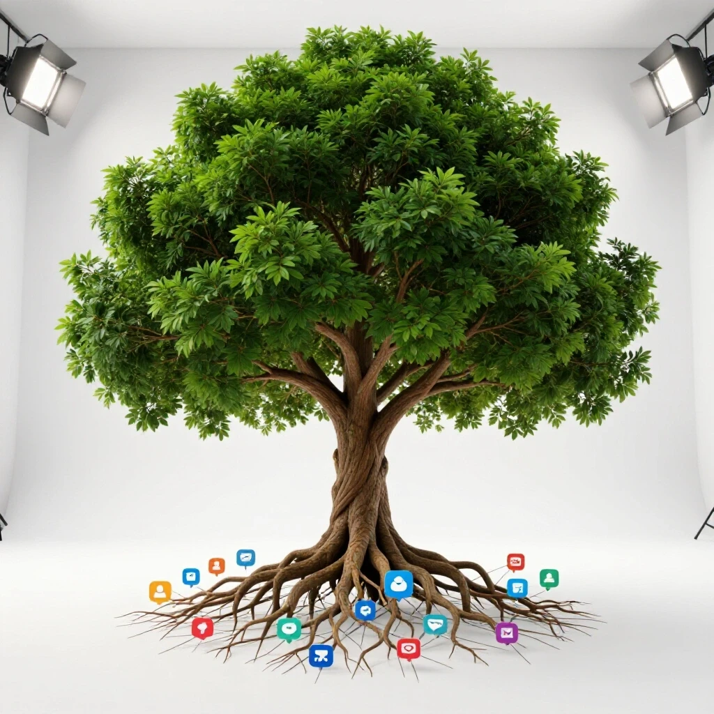 A vibrant tree with lush green leaves and roots composed of digital social media icons against a bright white background.