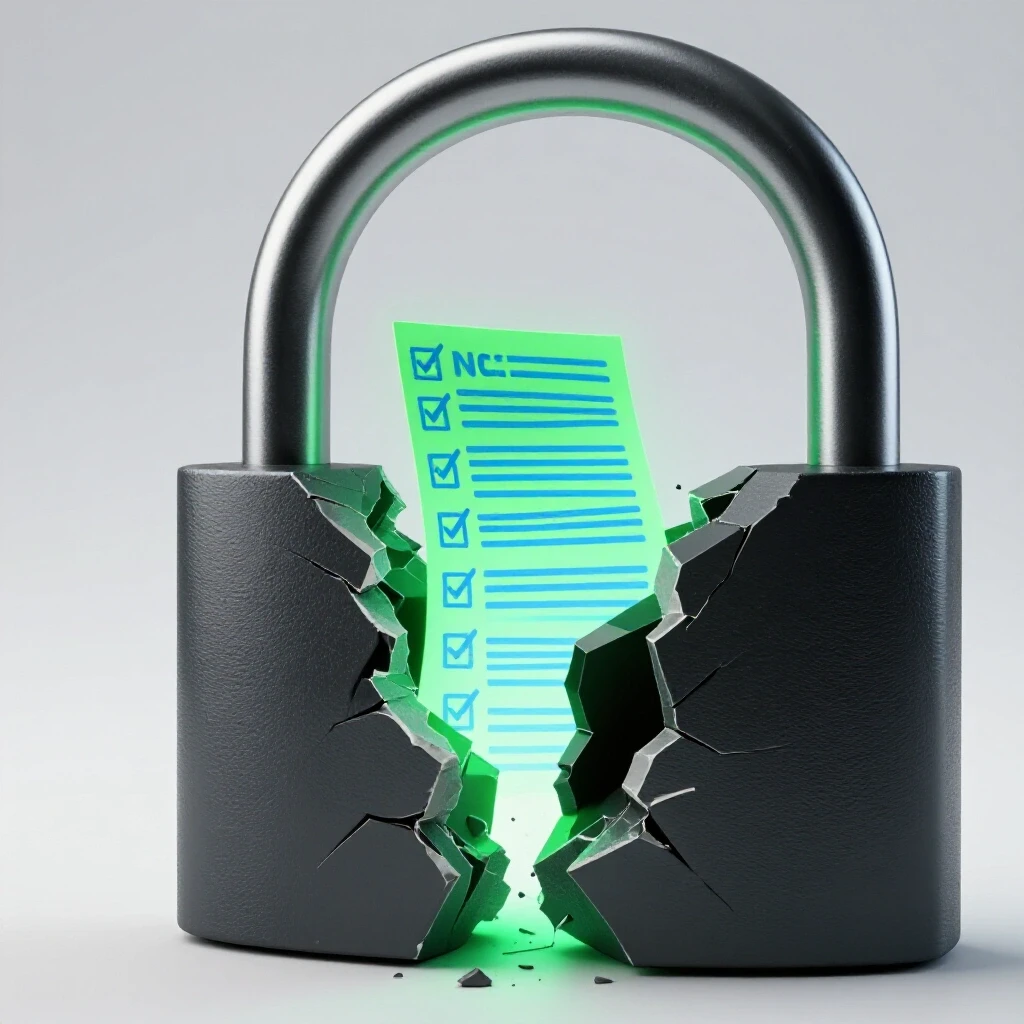 A shattered padlock with a glowing checklist emerging from the cracks, symbolizing recovery after a security breach.