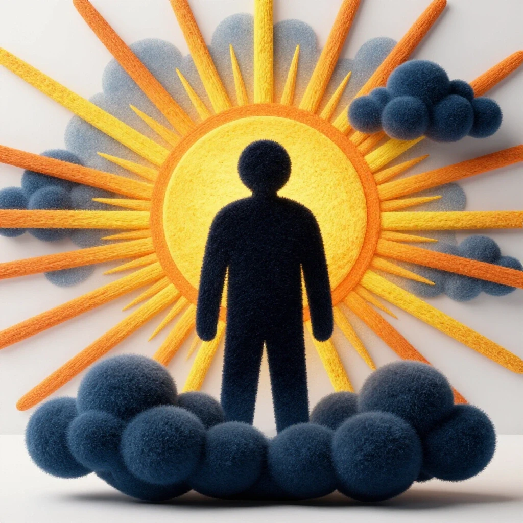 Symbolic representation of recovery and transformation from a shadowy figure into bright sunshine against a clean white background.