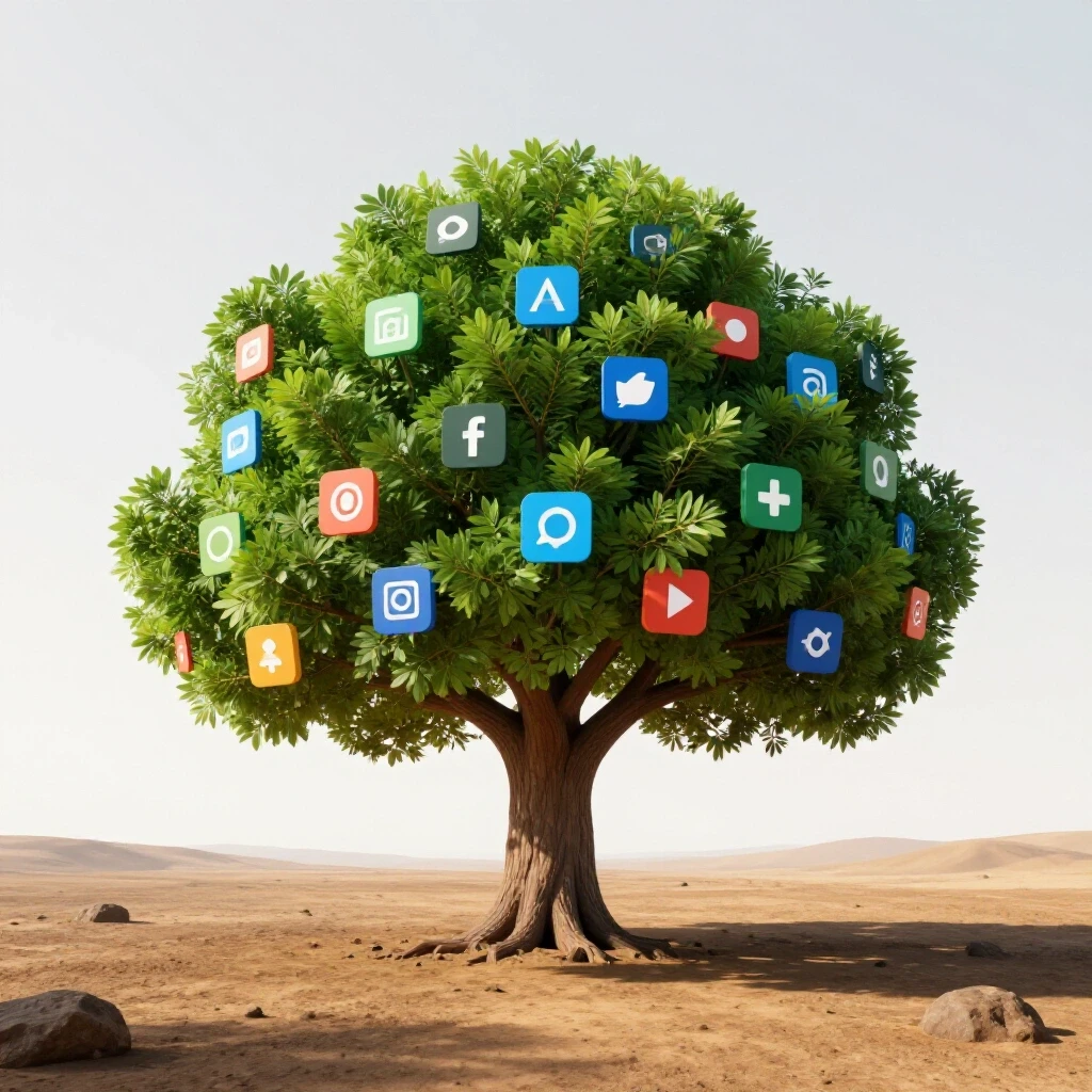 A vibrant tree with social media icons as leaves, representing career growth against a barren landscape.