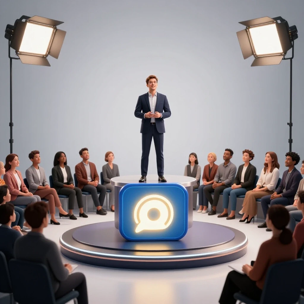 A confident speaker on a glowing social media stage with an engaged audience, emphasizing social media opportunities.