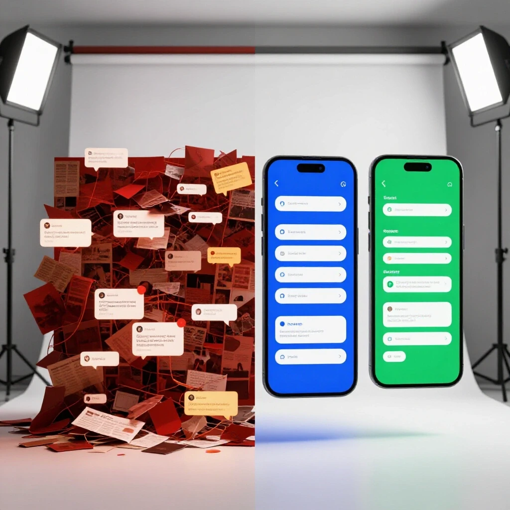 A visual comparison of chaotic social media environments versus organized, AI-enhanced strategies in a split-image format.